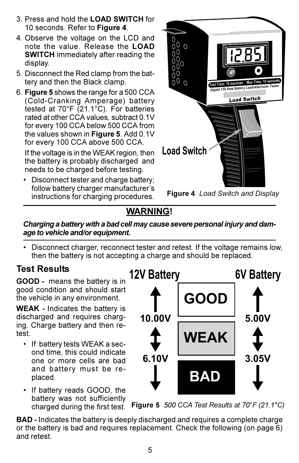 Good weak bad, 12v battery 6v battery, Load switch | Actron KAL4780 User Manual | Page 5 / 8