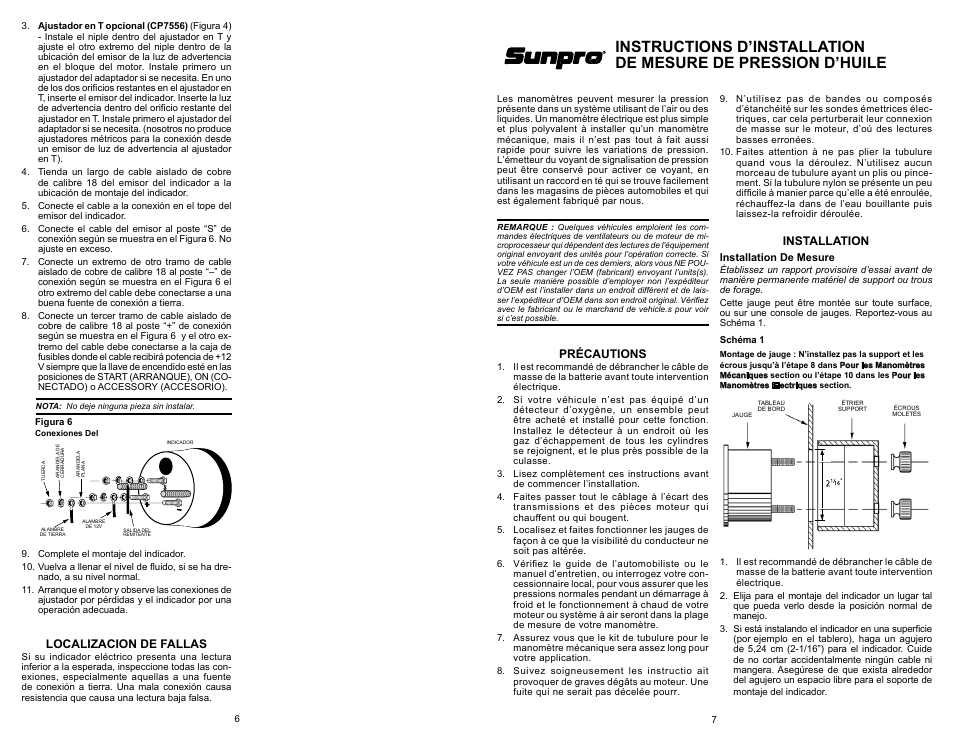 Précautions, Installation, Localizacion de fallas | Actron CP7001 User Manual | Page 6 / 6