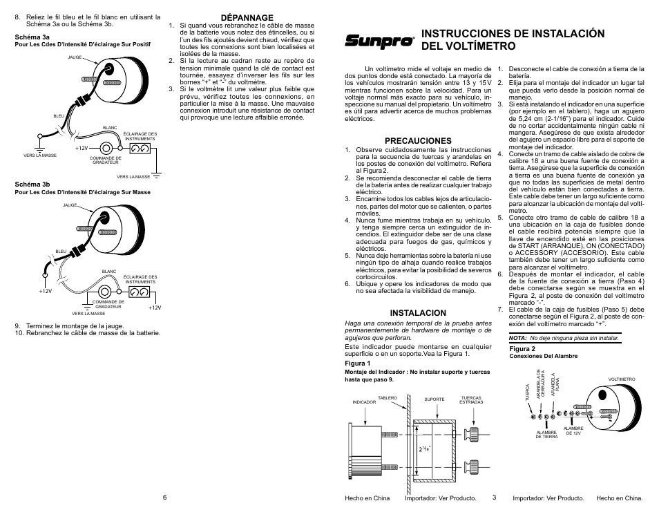 Instrucciones de instalación del voltímetro, Precauciones, Instalacion | Dépannage | Actron CP7007 User Manual | Page 3 / 4