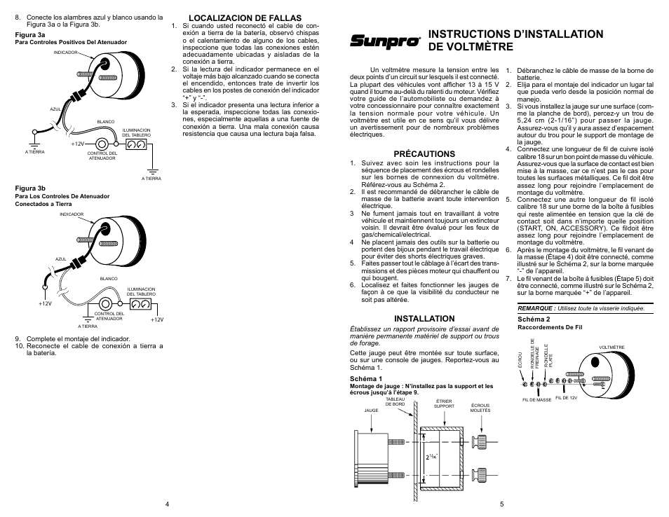 Instructions d’installation de voltmètre, Localizacion de fallas, Précautions | Installation | Actron CP7007 User Manual | Page 4 / 4
