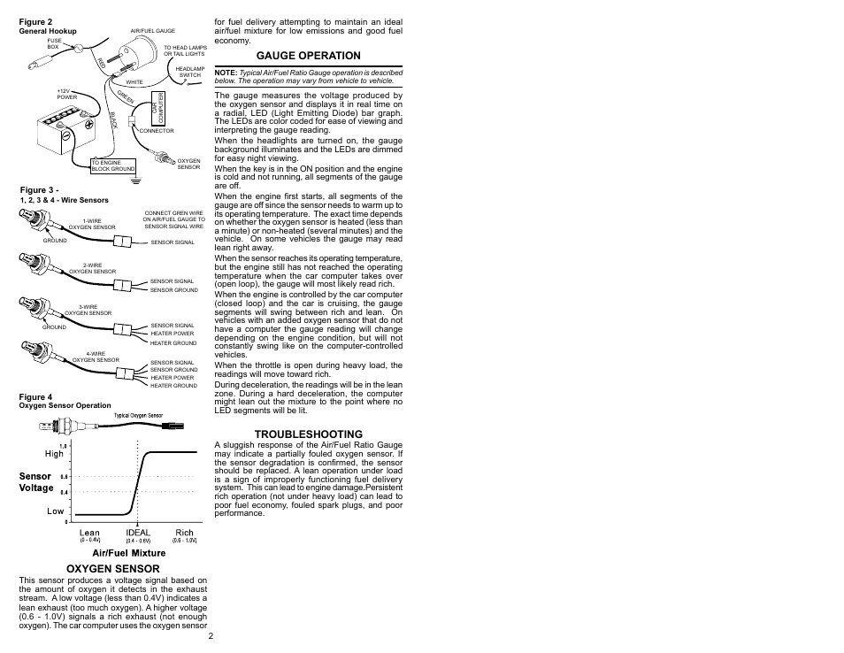 Oxygen sensor, Gauge operation, Troubleshooting | Actron CP7011 User Manual | Page 2 / 4