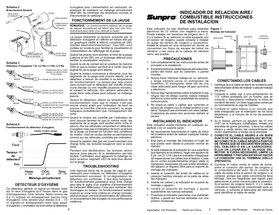 Precauciones, Instalando el indicador, Conectando los cables | Détecteur d’oxygène, Fonctionnement de la jauge, Troubleshooting | Actron CP7011 User Manual | Page 3 / 4