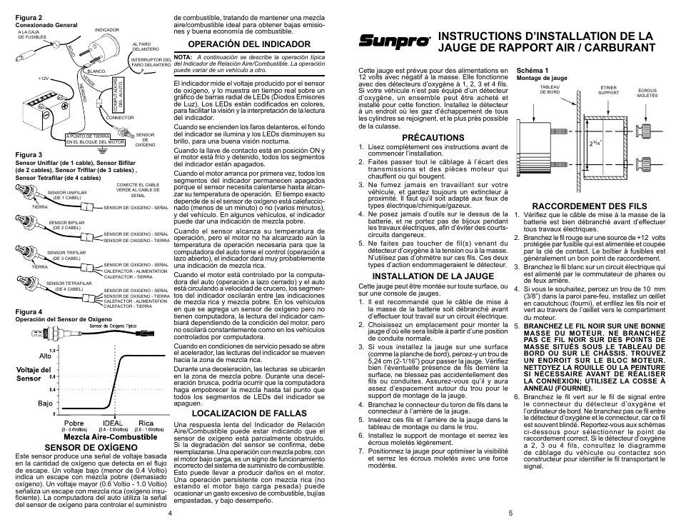 Operación del indicador, Localizacion de fallas, Sensor de oxígeno | Précautions, Installation de la jauge, Raccordement des fils | Actron CP7011 User Manual | Page 4 / 4
