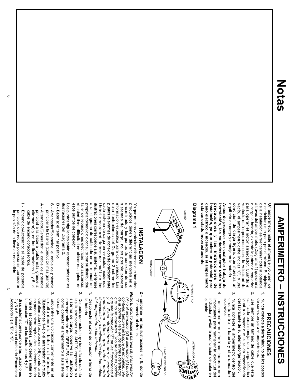 Notas, Amperimetro – instrucciones, Precauciones | Inst alacion | Actron CP7954 User Manual | Page 5 / 6