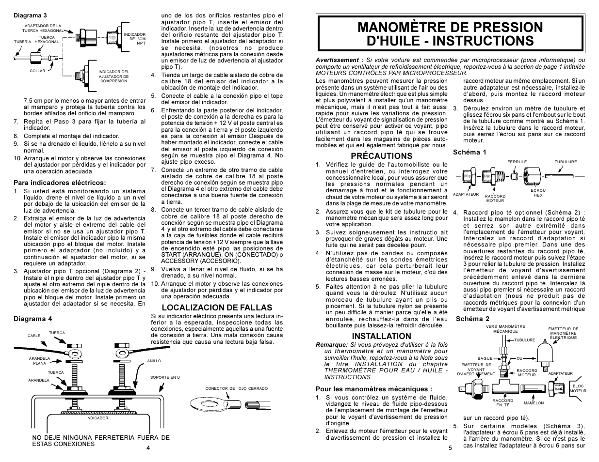 Manomètre de pression d'huile - instructions, Localizacion de fallas, Précautions | Installation | Actron CP8218 User Manual | Page 4 / 12