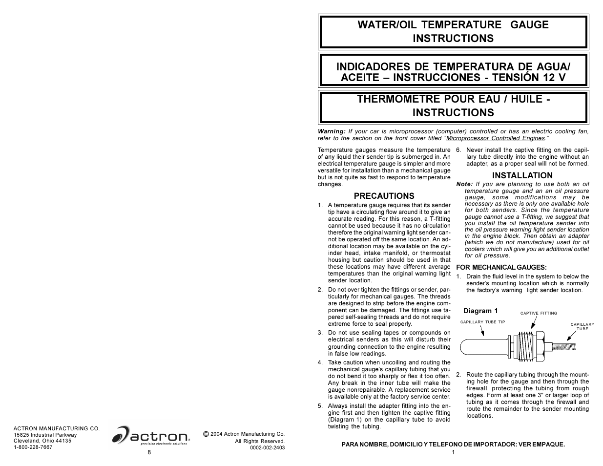 0002-002-2403-wateroil temp-book.pdf, Water/oil temperature gauge instructions, Installation | Precautions | Actron CP8218 User Manual | Page 5 / 12