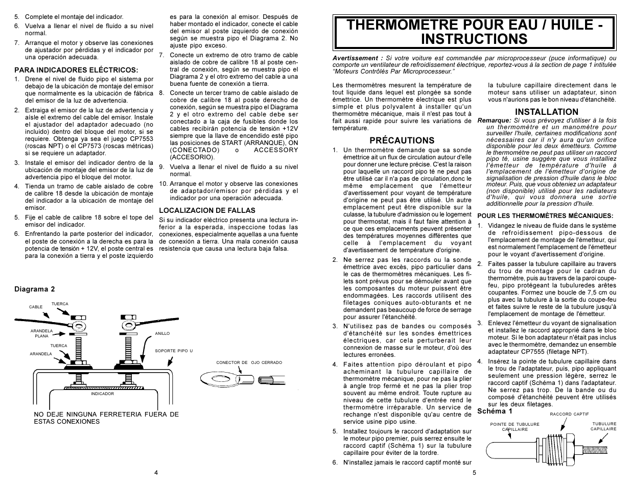 Thermomètre pour eau / huile - instructions, Précautions, Installation | Actron CP8218 User Manual | Page 8 / 12