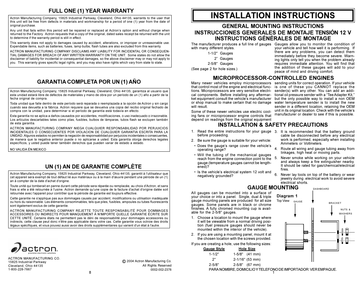 0002-002-2376-gnl inst-book.pdf, Installation instructions, Microprocessor-controlled engines | Installation & safety precautions, General mounting instructions, Gauge mounting, Full one (1) year warranty, Garantia completa por un (1) año, Un (1) an de garantie complète | Actron CP8218 User Manual | Page 9 / 12