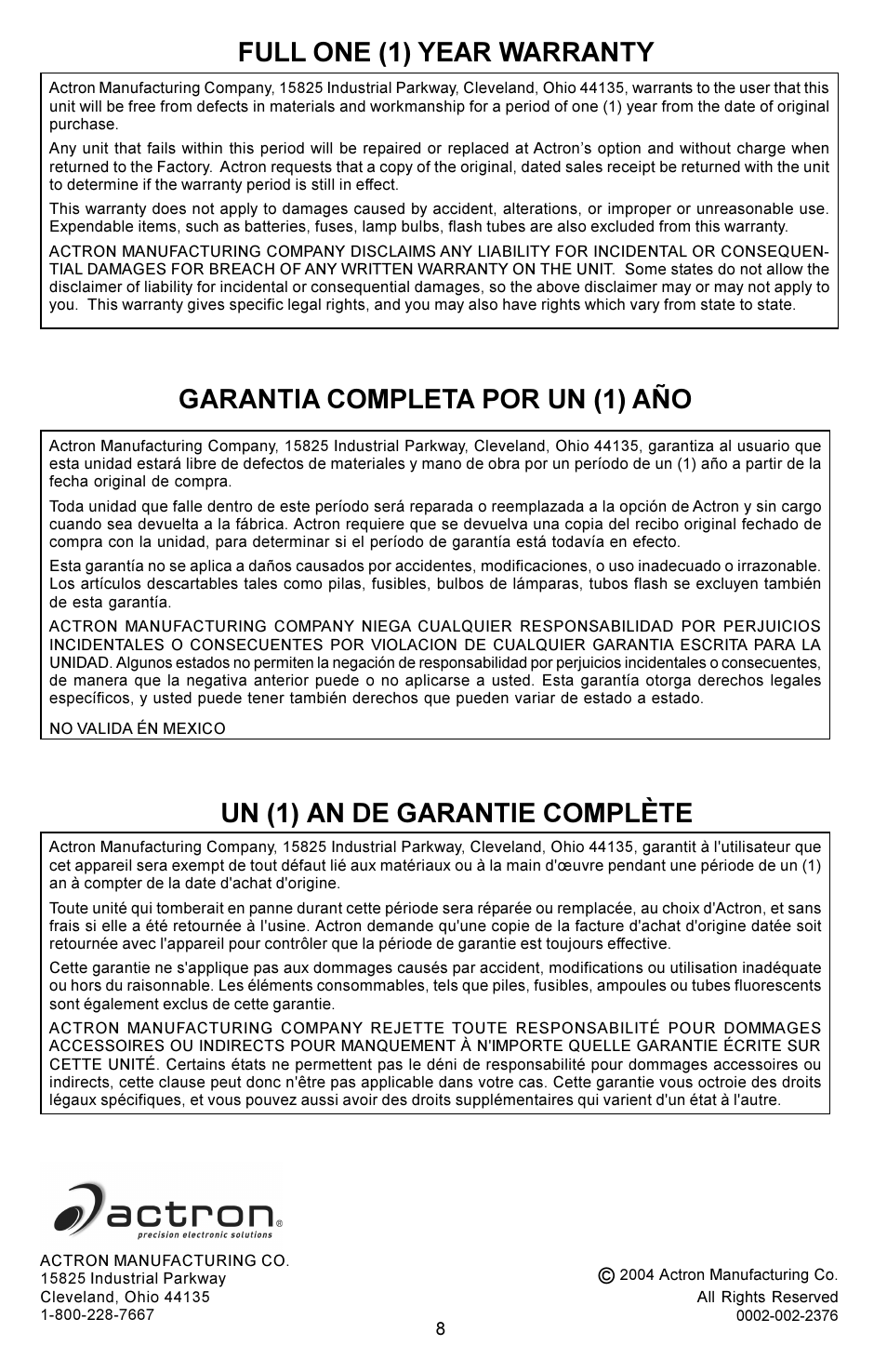 Full one (1) year warranty, Garantia completa por un (1) año, Un (1) an de garantie complète | Actron CP7955 User Manual | Page 4 / 4