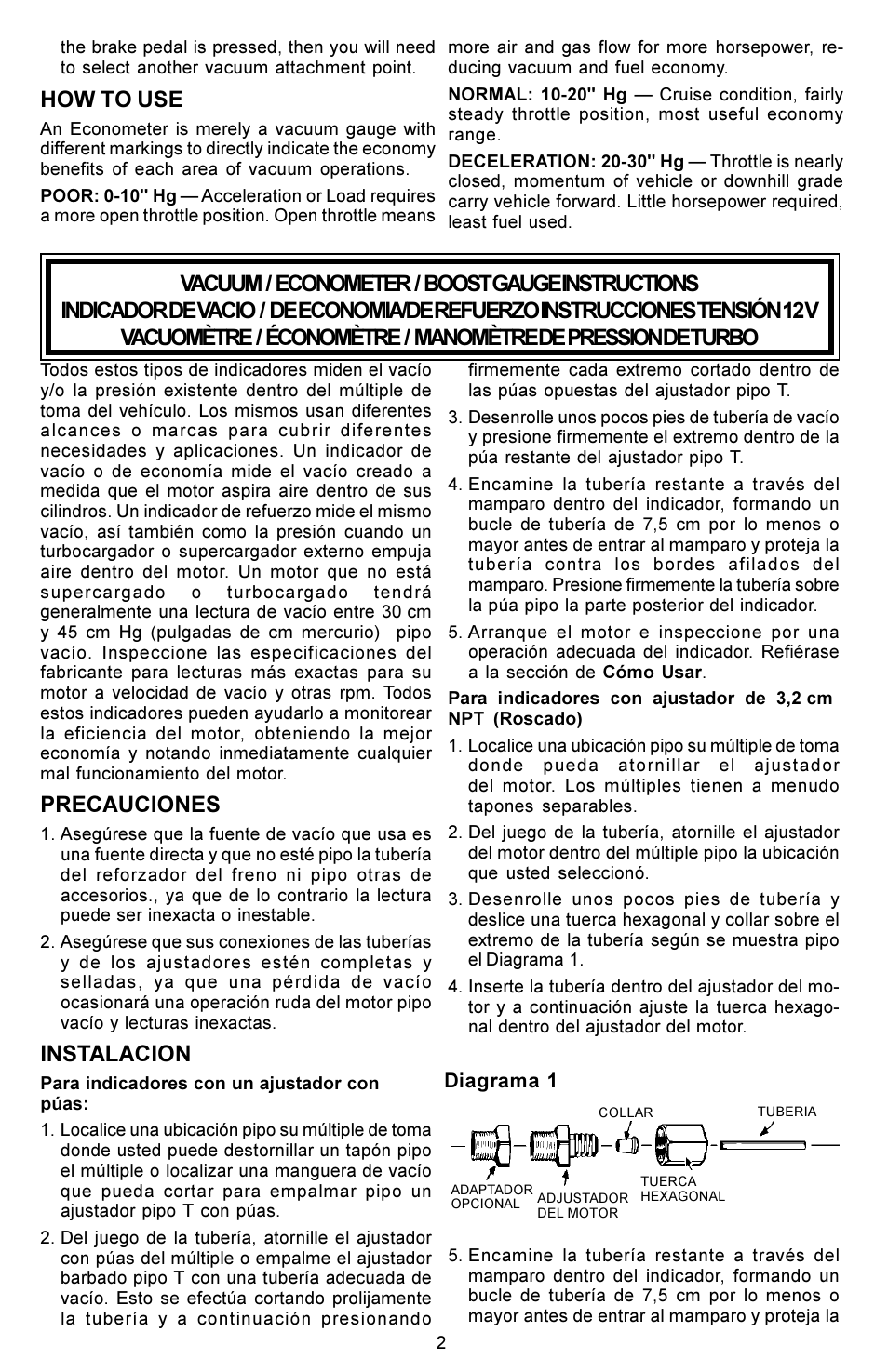 Precauciones, Instalacion, How to use | Actron CP8203 User Manual | Page 2 / 12