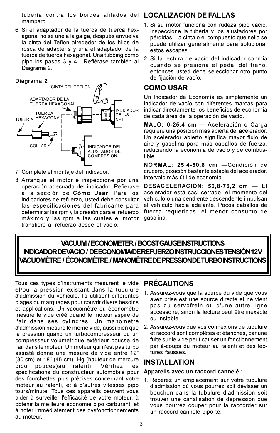 Précautions, Installation, Localizacion de fallas | Como usar | Actron CP8203 User Manual | Page 3 / 12