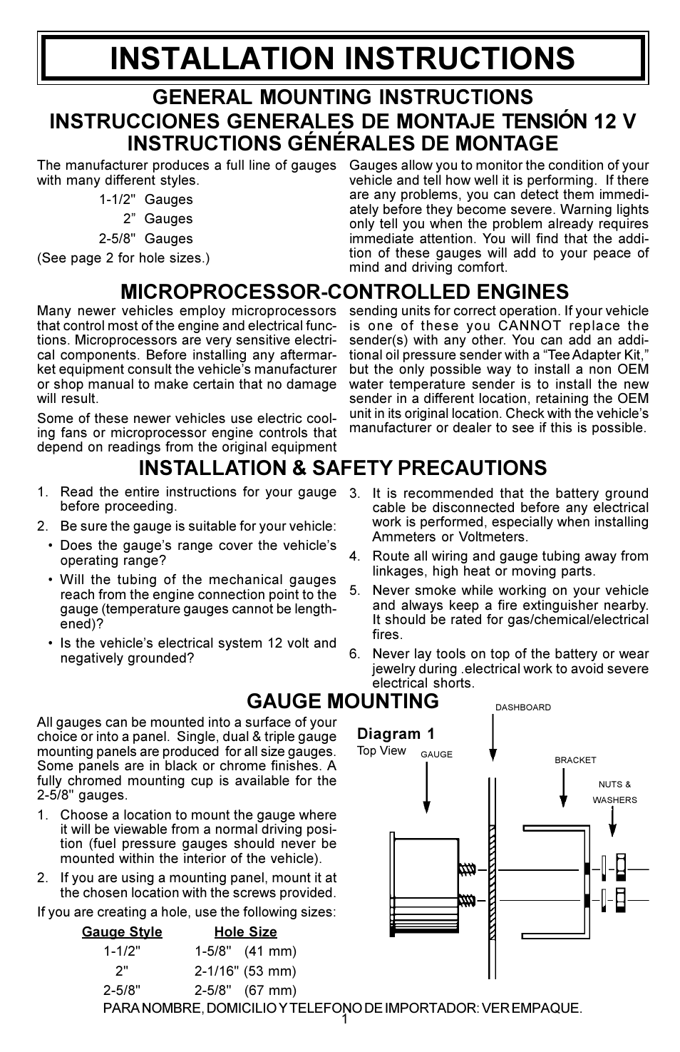 Installation instructions, Microprocessor-controlled engines, Installation & safety precautions | General mounting instructions, Gauge mounting | Actron CP8203 User Manual | Page 5 / 12