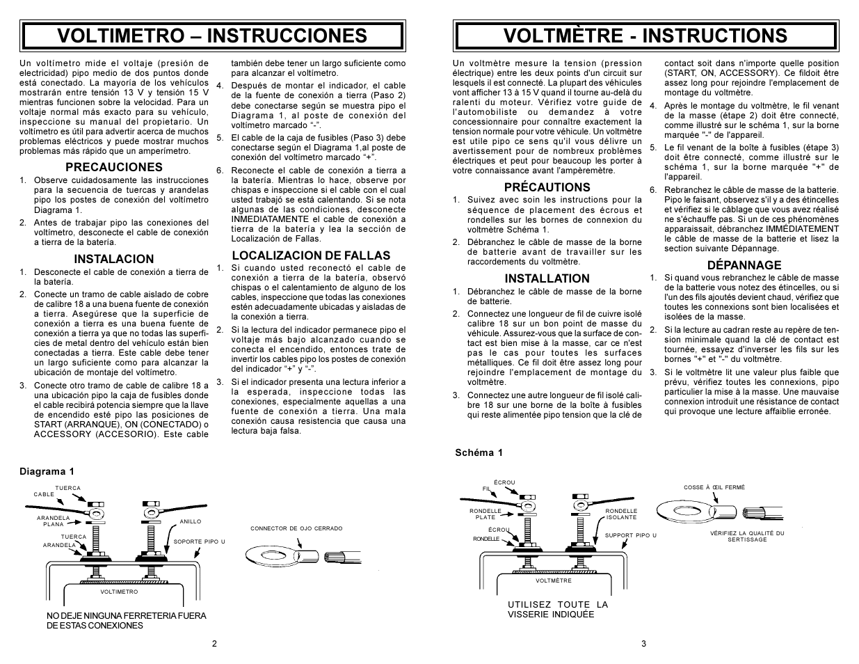 Voltimetro  instrucciones, Voltmètre - instructions, Precauciones | Instalacion, Localizacion de fallas, Précautions, Installation, Dépannage | Actron CP8208 User Manual | Page 2 / 12