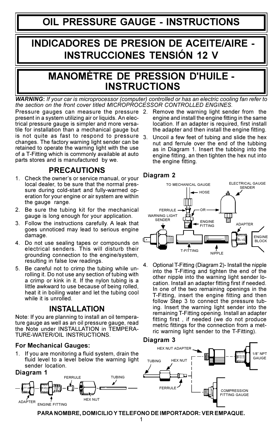 Oil pressure gauge - instructions, Precautions, Installation | Actron CP8208 User Manual | Page 3 / 12
