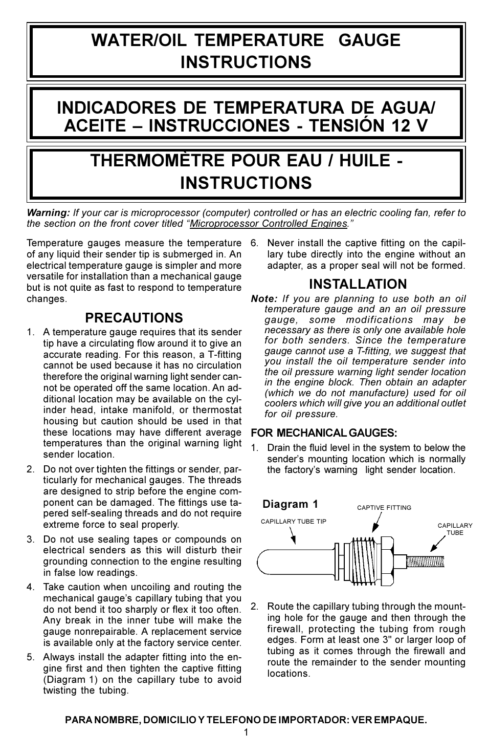 Water/oil temperature gauge instructions, Installation, Precautions | Actron CP8208 User Manual | Page 8 / 12