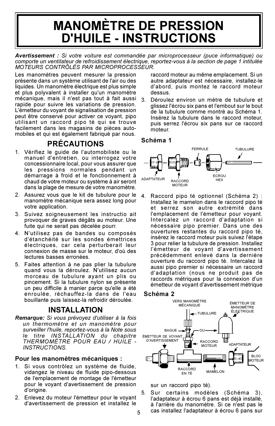 Manomètre de pression d'huile - instructions, Précautions, Installation | Actron CP7957 User Manual | Page 5 / 8