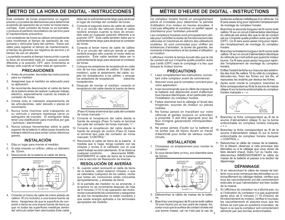Metro de la hora de digital - instrucciones, Mètre d’heure de digital - instructions, Precauciones | Instalación, Resolución de averías, Précautions, Installation, Dépannage | Actron CP7951 User Manual | Page 2 / 2