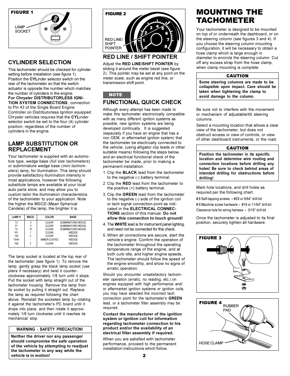 Mounting the tachometer, Cylinder selection, Lamp substitution or replacement | Red line / shift pointer, Functional quick check | Actron CP7911 User Manual | Page 2 / 4