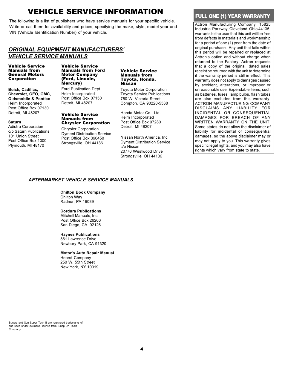 Vehicle service information, Full one (1) year warranty | Actron CP7911 User Manual | Page 4 / 4