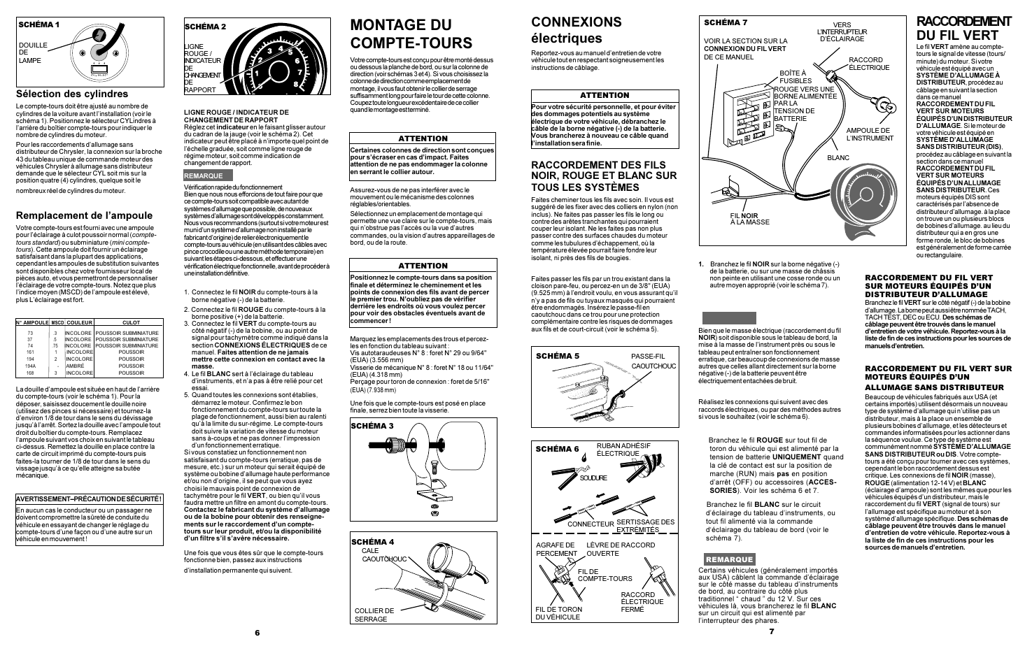 Montage du compte-tours, Connexions électriques, Raccordement du fil vert | Sélection des cylindres, Remplacement de lampoule | Actron CP7906 User Manual | Page 6 / 6