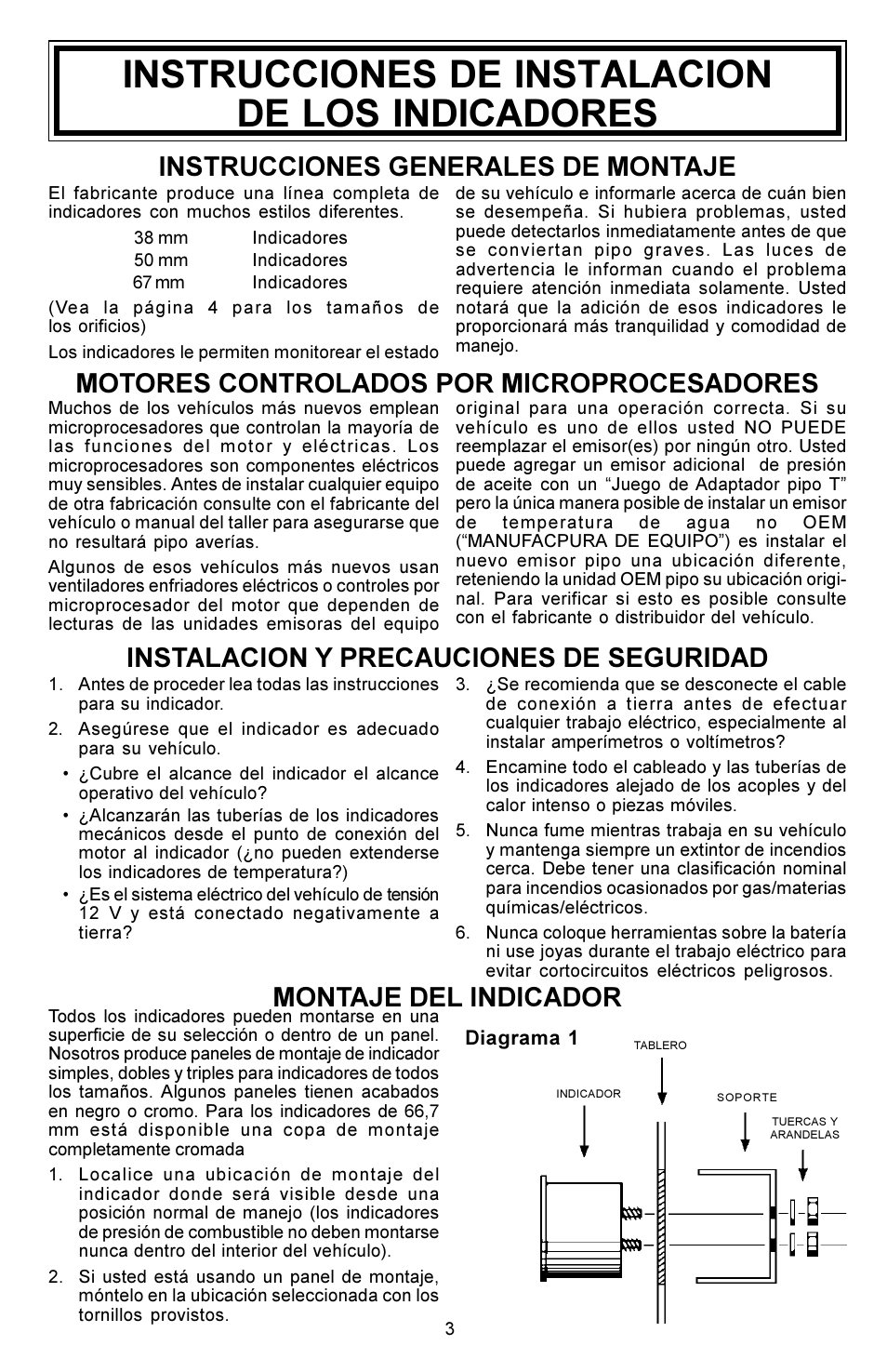 Instrucciones de instalacion de los indicadores, Montaje del indicador | Actron CP7572 User Manual | Page 3 / 8