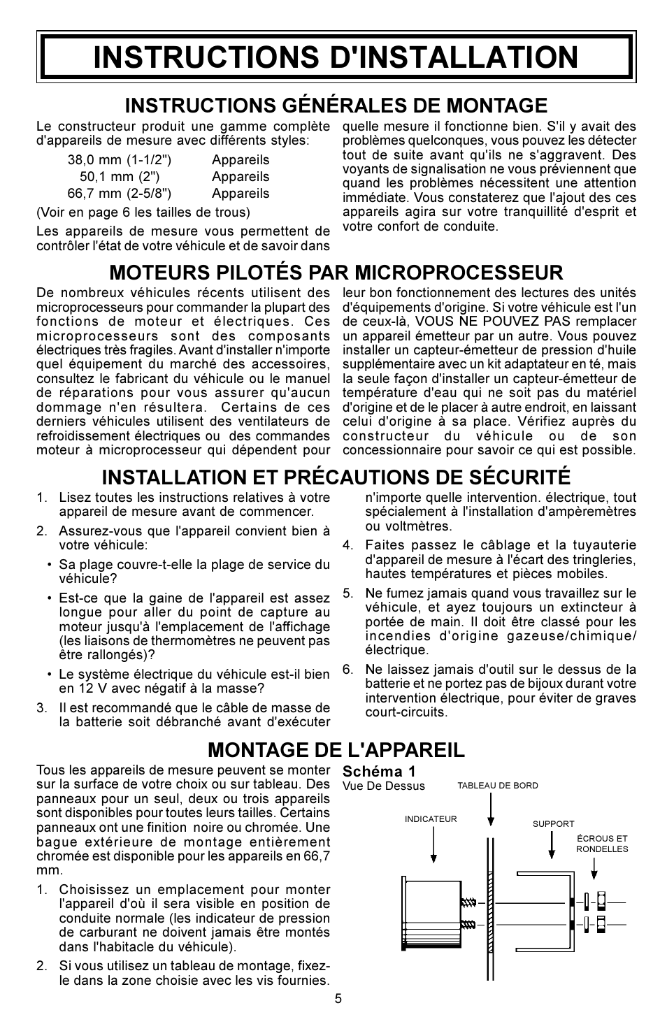 Instructions d'installation, Installation et précautions de sécurité, Montage de l'appareil | Actron CP7572 User Manual | Page 5 / 8