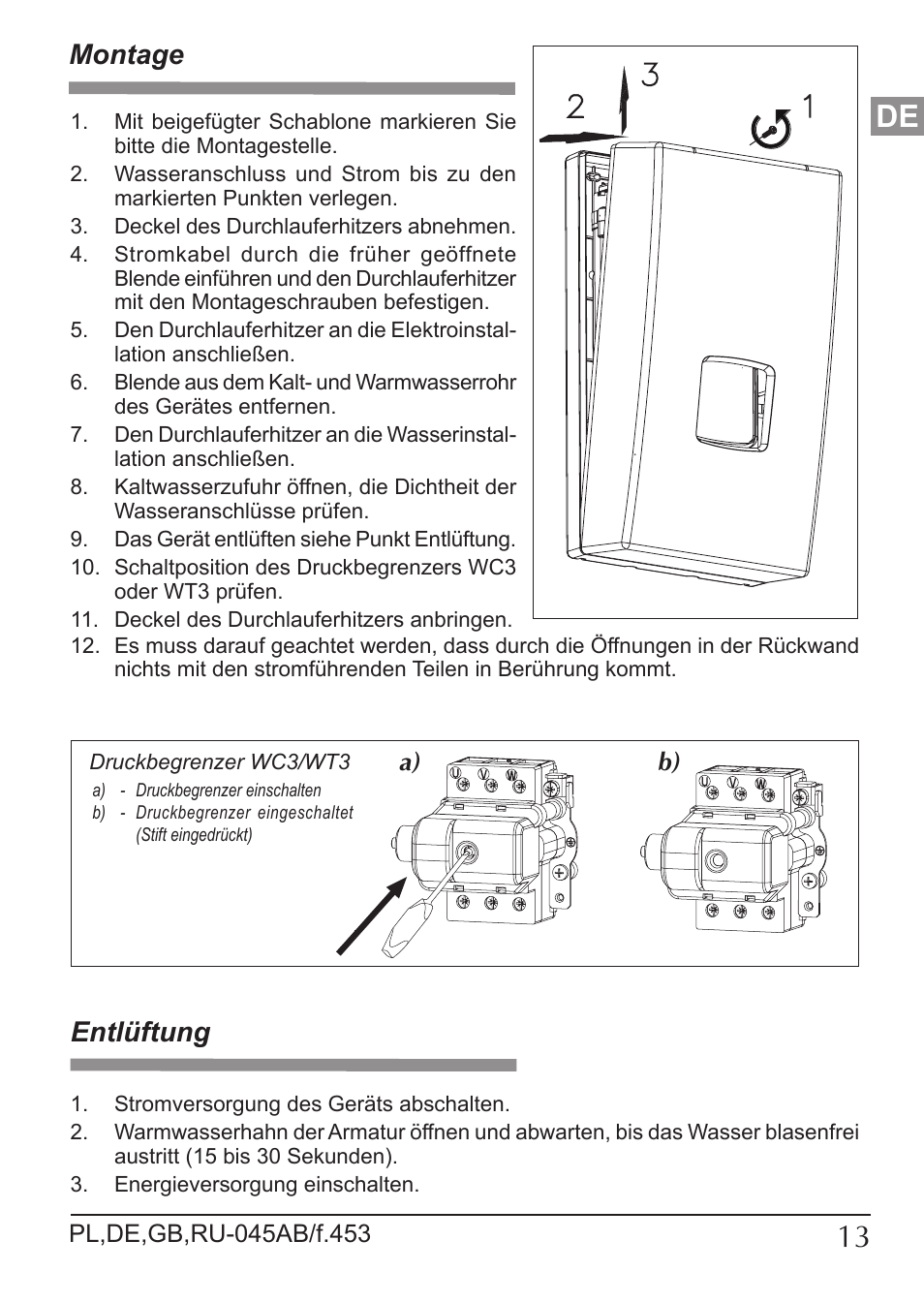 Montage, Entlüftung | KOSPEL KDE User Manual | Page 13 / 40