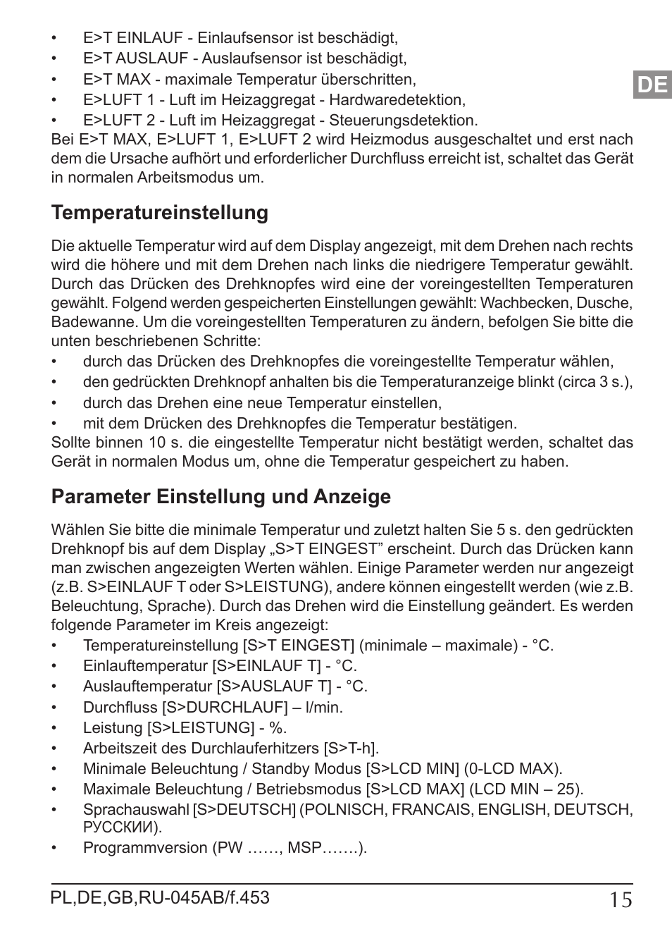 Temperatureinstellung, Parameter einstellung und anzeige | KOSPEL KDE User Manual | Page 15 / 40