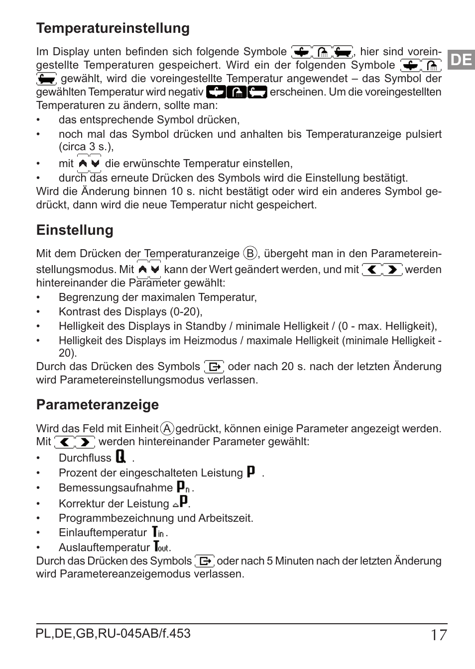 Temperatureinstellung, Einstellung, Parameteranzeige | KOSPEL KDE User Manual | Page 17 / 40