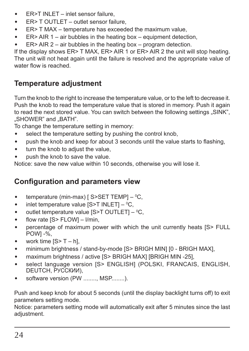 Temperature adjustment, Configuration and parameters view | KOSPEL KDE User Manual | Page 24 / 40