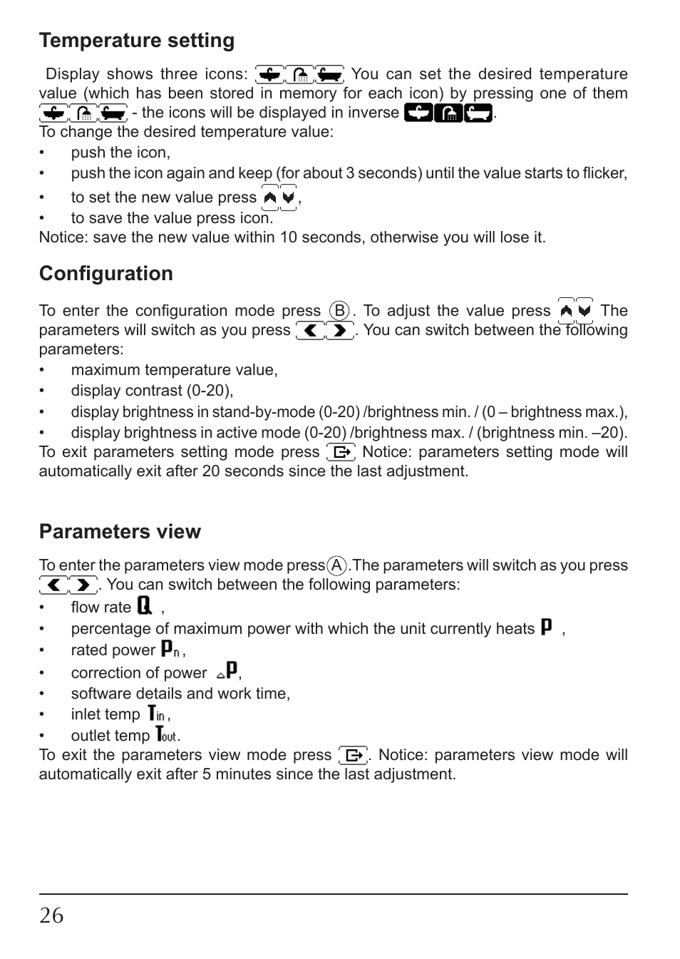 Temperature setting, Configuration, Parameters view | KOSPEL KDE User Manual | Page 26 / 40