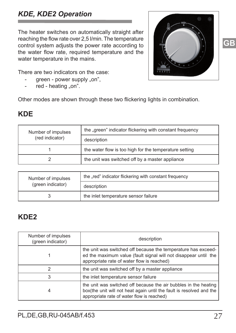 Kde, kde2 operation, Kde2 | KOSPEL KDE User Manual | Page 27 / 40