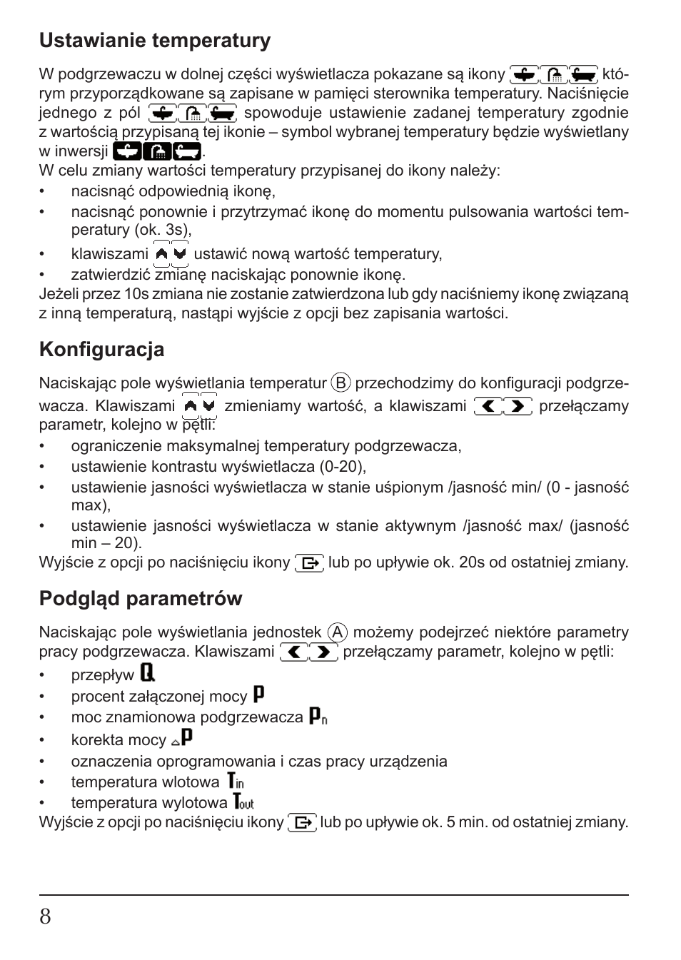 Ustawianie temperatury, Konfiguracja, Podgląd parametrów | KOSPEL KDE User Manual | Page 8 / 40