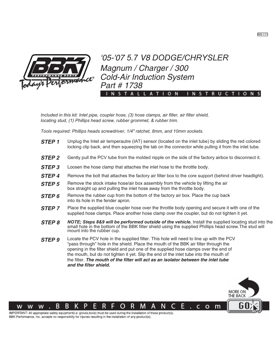 BBK Performance 17385 User Manual | 2 pages