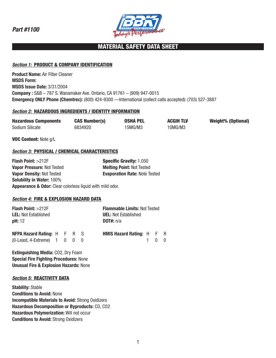BBK Performance 1100A User Manual | 2 pages