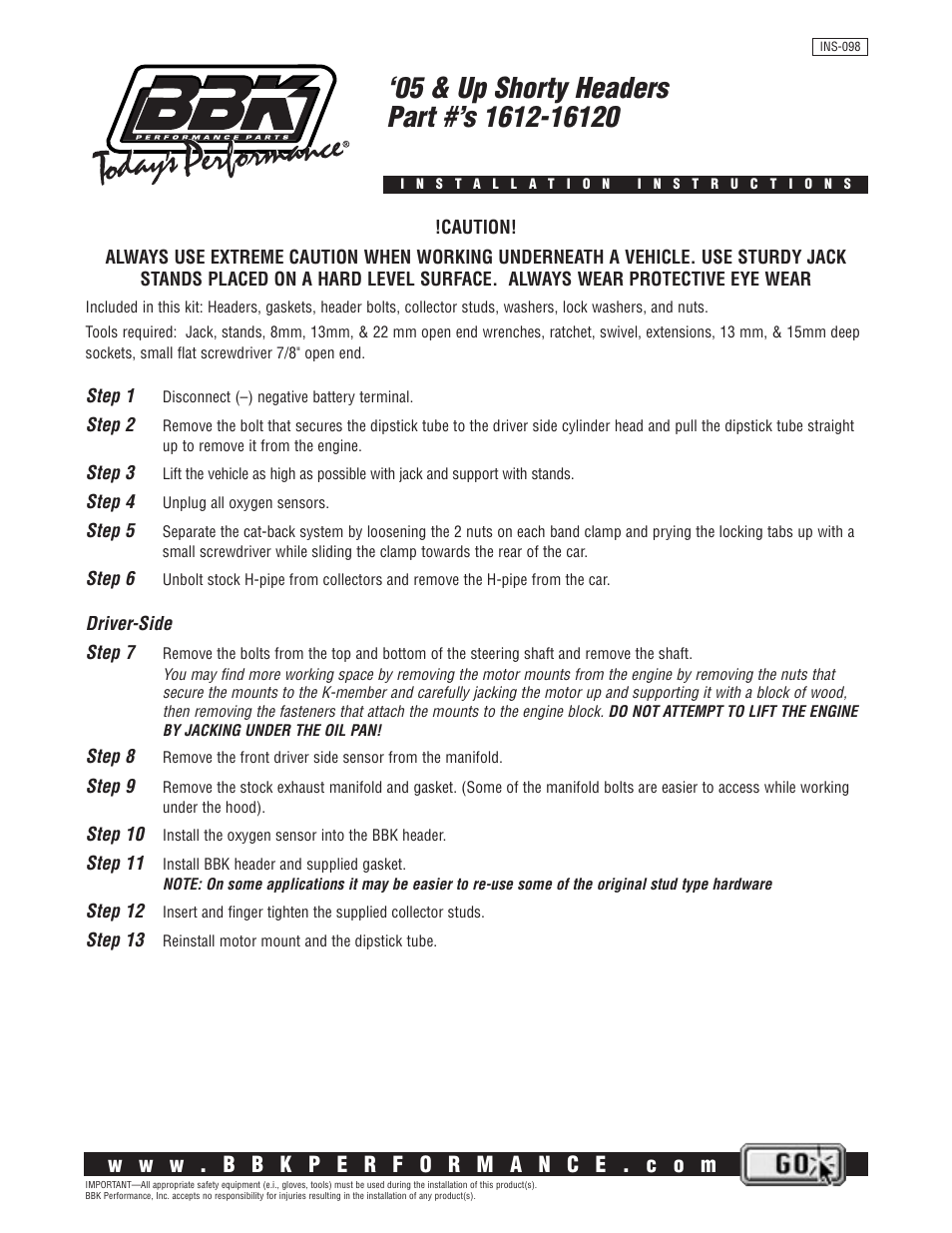 BBK Performance 16120 User Manual | 2 pages