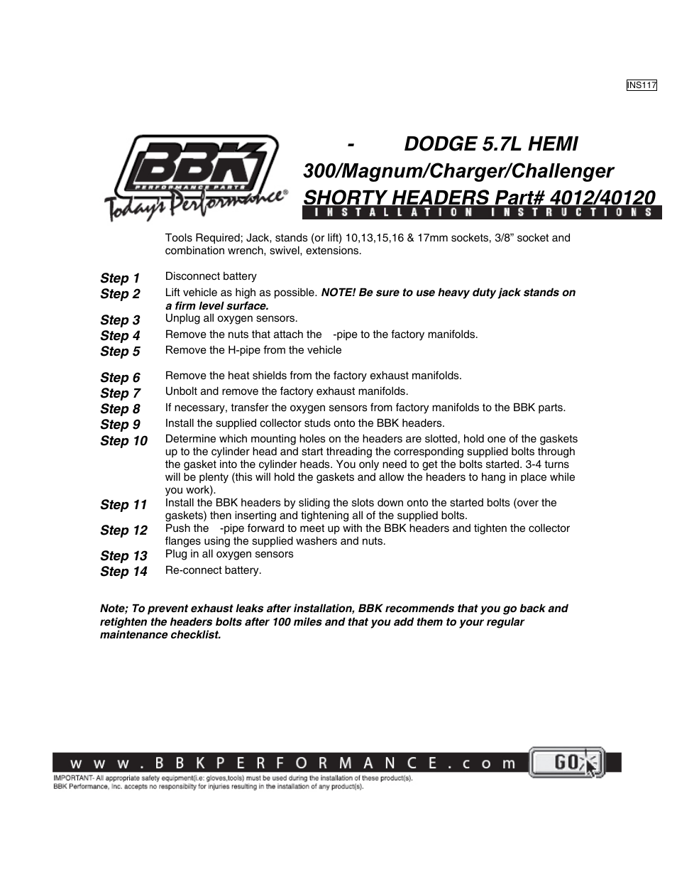 BBK Performance 40120 User Manual | 1 page