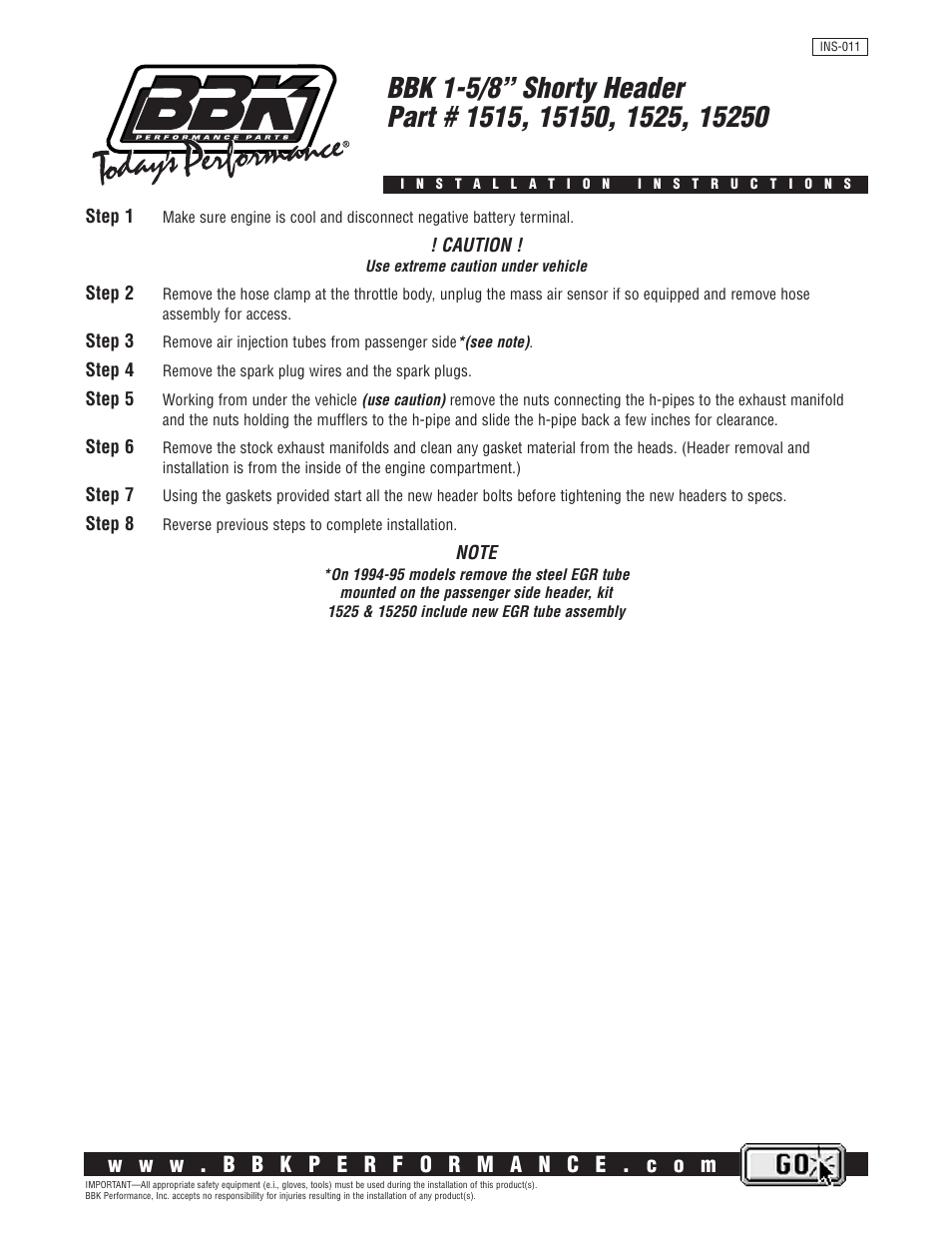 BBK Performance 15250 User Manual | 1 page