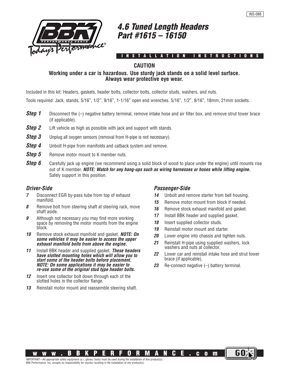 BBK Performance 16150 User Manual | 1 page