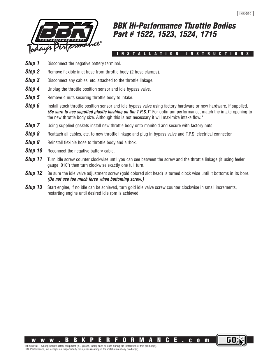 BBK Performance 1524 User Manual | 1 page