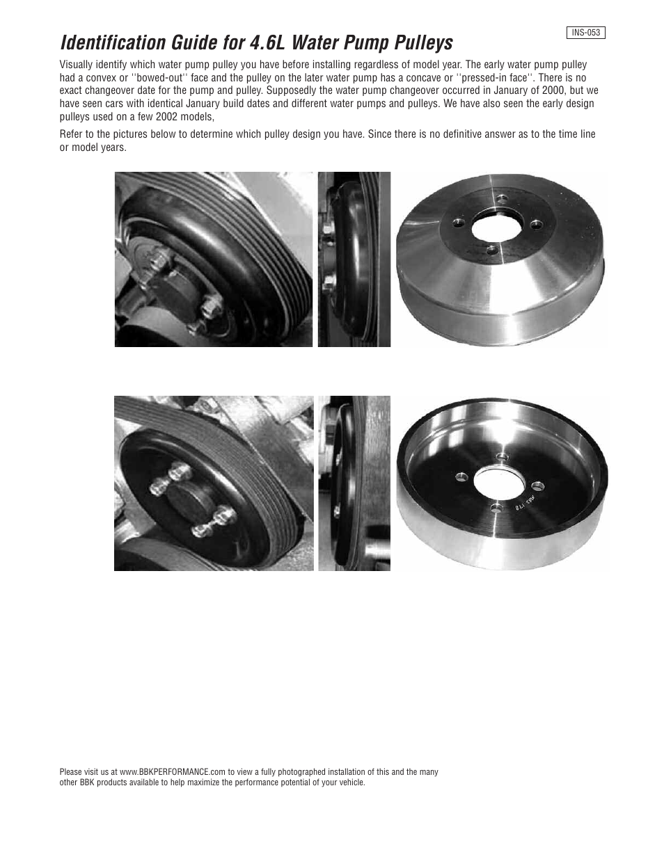 Bbkins_053, Identification guide for 4.6l water pump pulleys | BBK Performance 1555 User Manual | Page 2 / 2