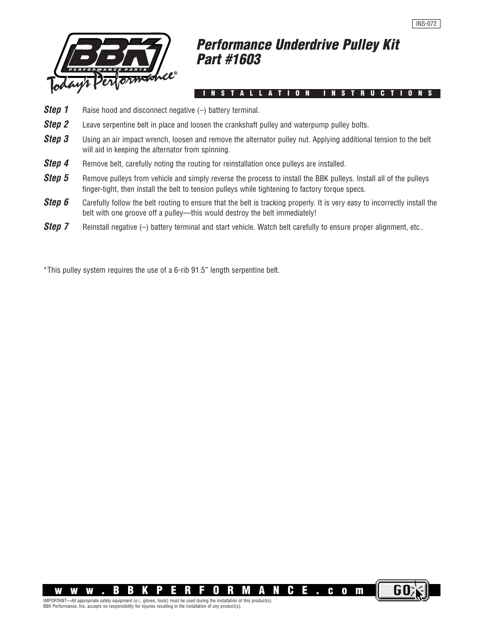 BBK Performance 1603 User Manual | 1 page