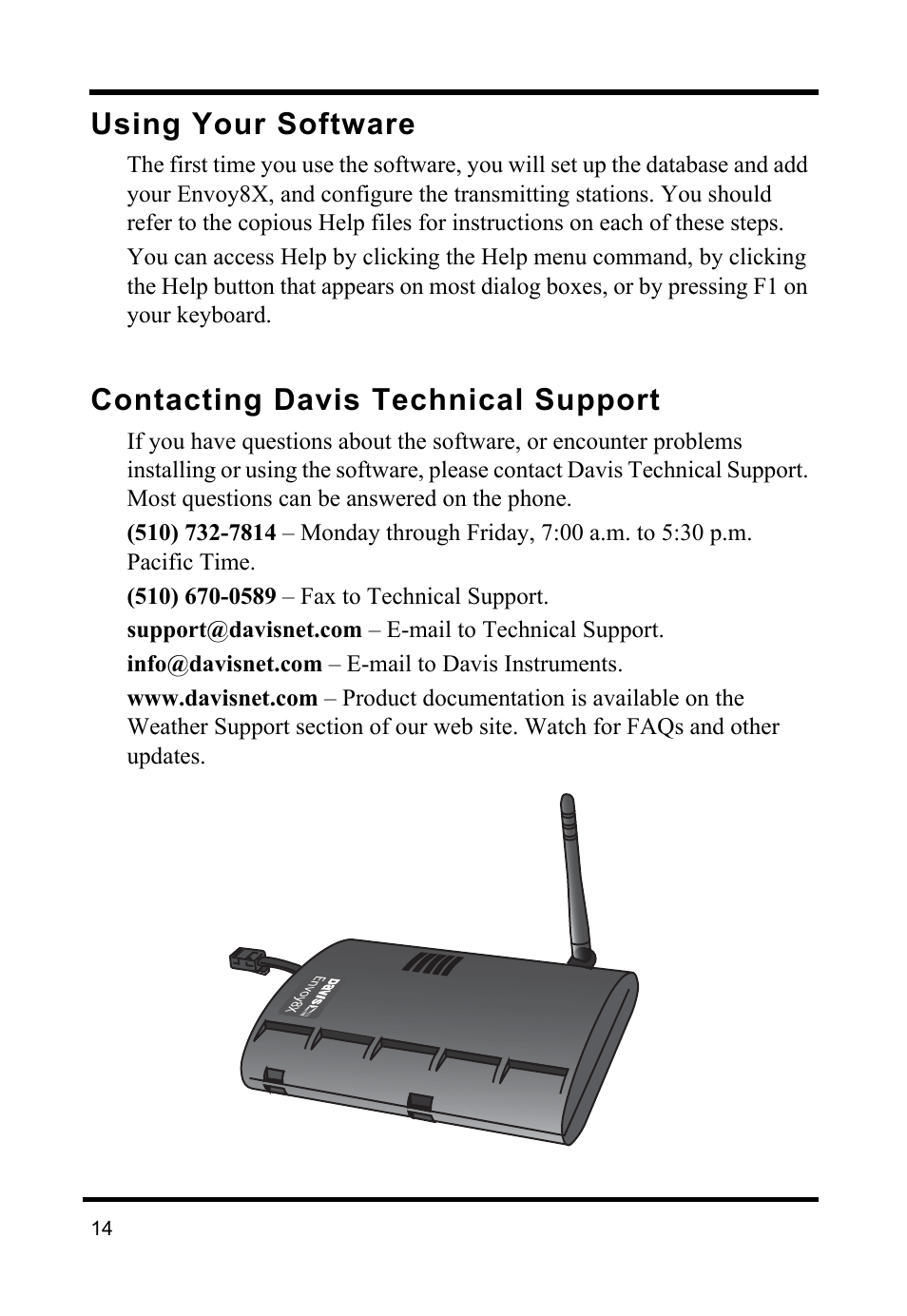 Using your software, Contacting davis technical support | DAVIS Envoy8X Getting Started Guide User Manual | Page 16 / 16