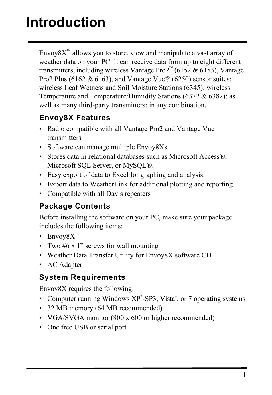 Introduction, Envoy8x features, Package contents | System requirements | DAVIS Envoy8X Getting Started Guide User Manual | Page 3 / 16