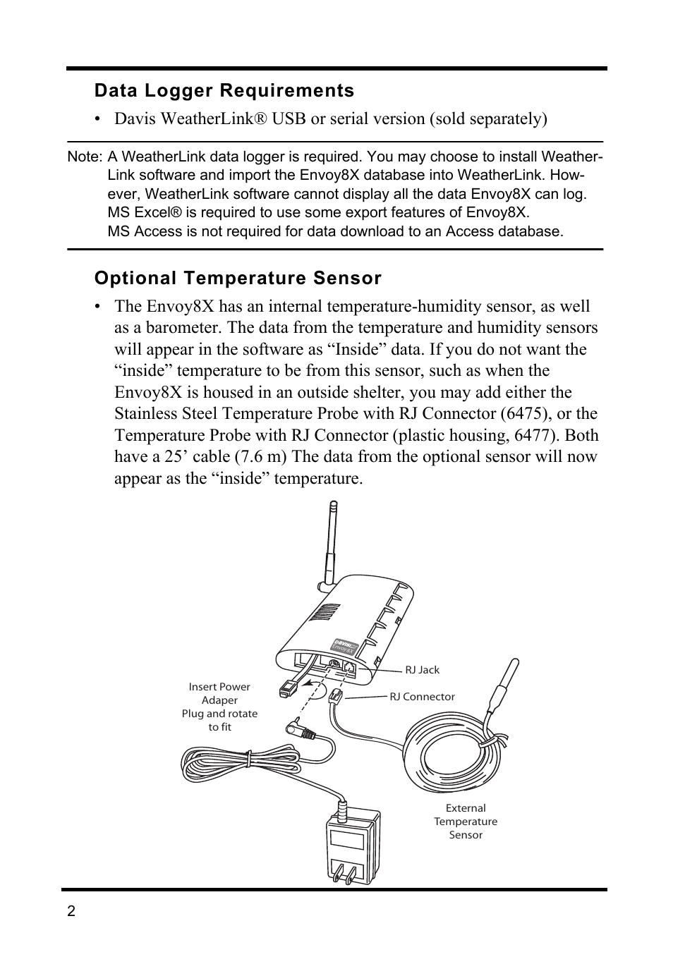 Data logger requirements, Optional temperature sensor | DAVIS Envoy8X Getting Started Guide User Manual | Page 4 / 16