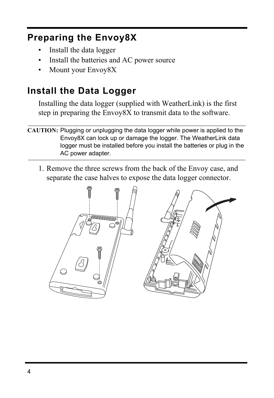 Preparing the envoy8x, Install the data logger | DAVIS Envoy8X Getting Started Guide User Manual | Page 6 / 16