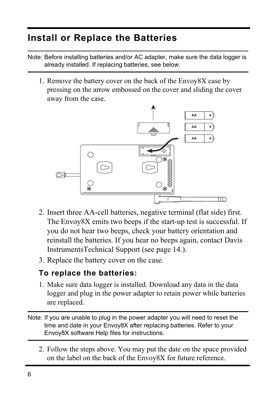 Install or replace the batteries, To replace the batteries | DAVIS Envoy8X Getting Started Guide User Manual | Page 8 / 16
