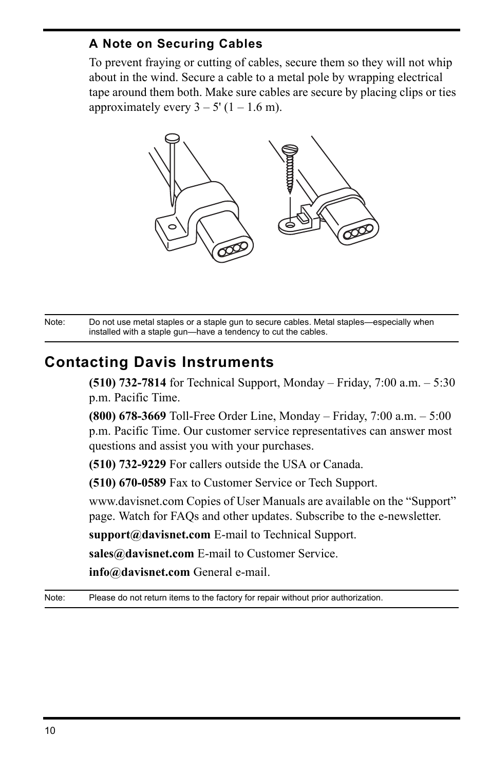 A note on securing cables, Contacting davis instruments, Cable clip cable tie | DAVIS Wireless Temperature Station (6372) Installation Manual User Manual | Page 10 / 12