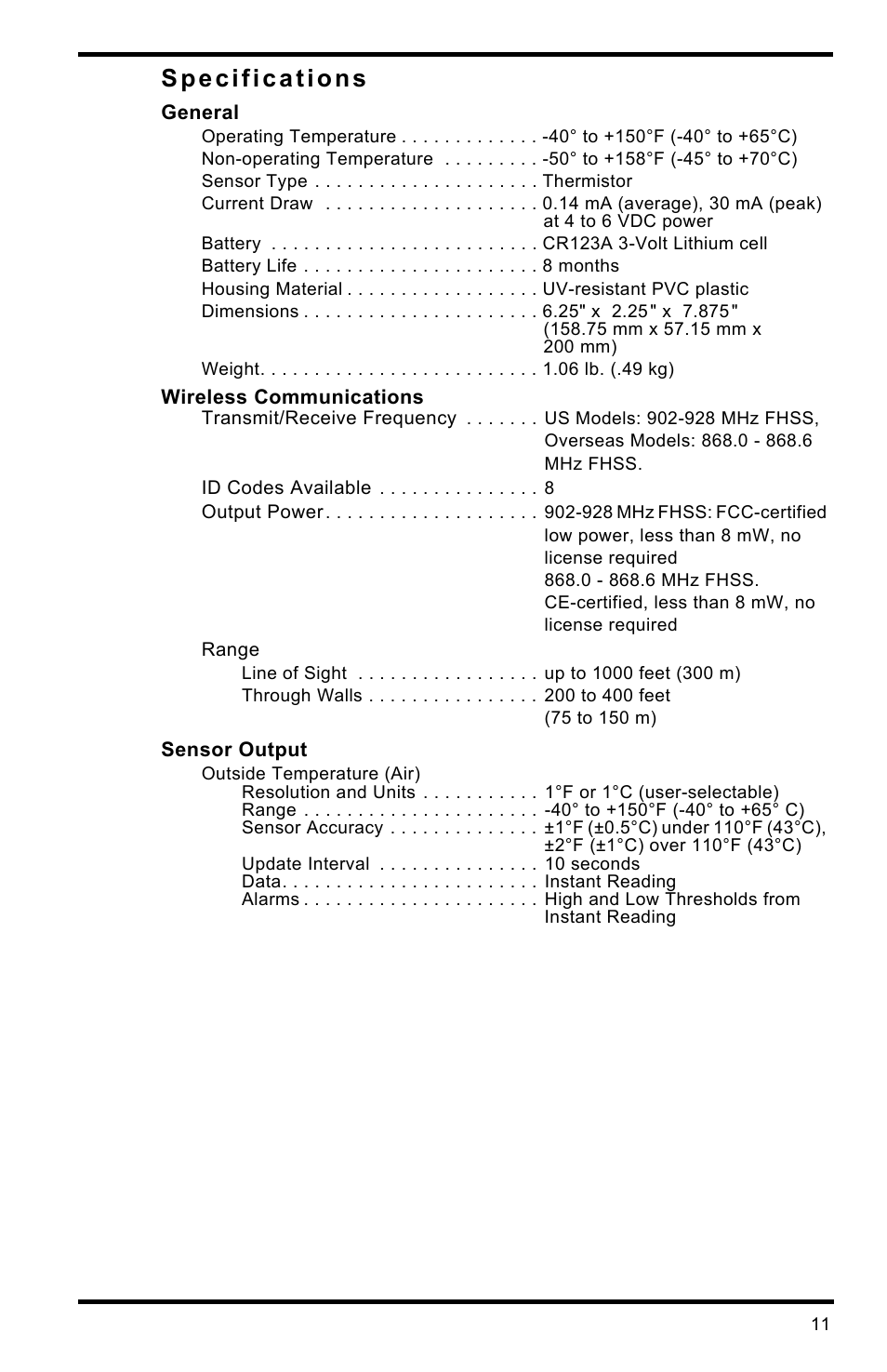 Specifications | DAVIS Wireless Temperature Station (6372) Installation Manual User Manual | Page 11 / 12