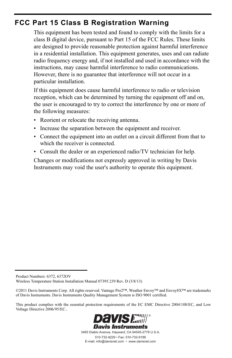 Fcc part 15 class b registration warning | DAVIS Wireless Temperature Station (6372) Installation Manual User Manual | Page 12 / 12